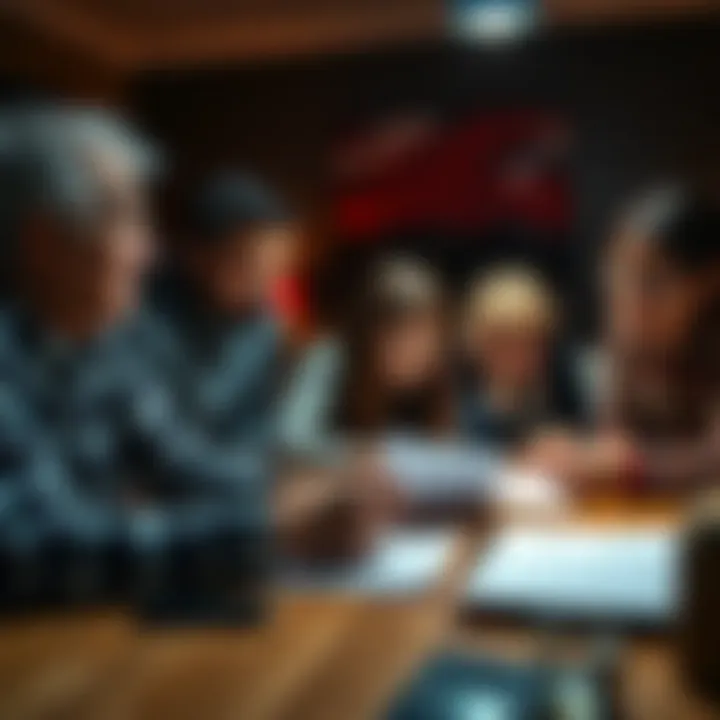 A family sitting around a table, looking concerned while discussing hidden wealth and finances, with documents and a calculator in front of them.