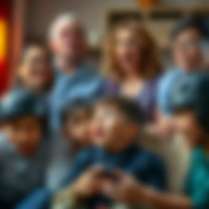 A group of family members expressing various emotions like surprise and concern as a new member shares their latest venture.