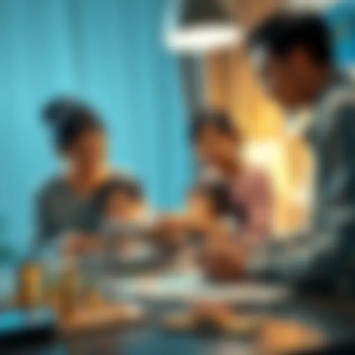 A family discusses moving options, featuring a mother, father, and child, with a map and city images on the table.