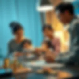 Family Looking to Relocate A family discusses moving options, featuring a mother, father, and child, with a map and city images on the table.