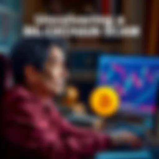 A family member looks concerned while talking on the phone, with a computer showing Bitcoin graphs in the background.
