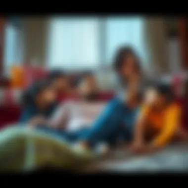 A father sitting on the living room floor surrounded by his kids, while the mother looks on with a thoughtful expression, depicting family dynamics and emotional challenges.
