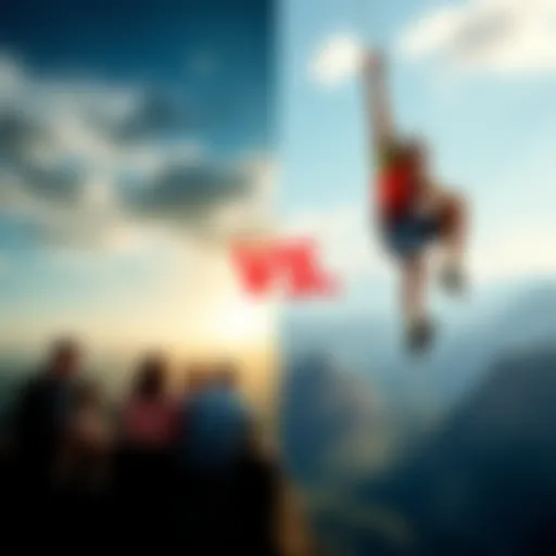 A split image showing a family gathering on one side and a person bungee jumping on the other, representing stability and risk in life choices.