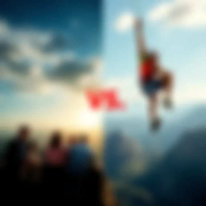 A split image showing a family gathering on one side and a person bungee jumping on the other, representing stability and risk in life choices.