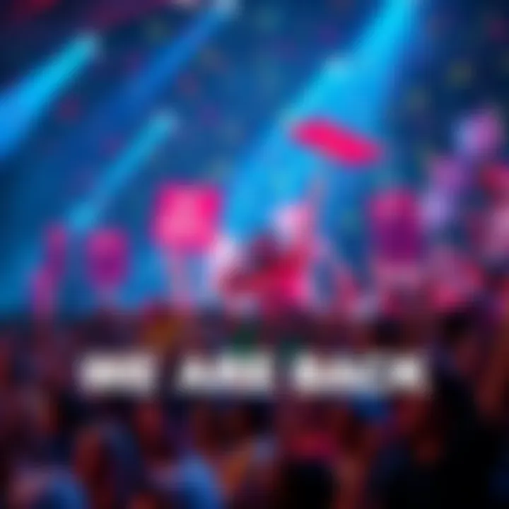 Cheering crowd celebrates the return of a beloved character or entity, holding signs and banners, filled with excitement