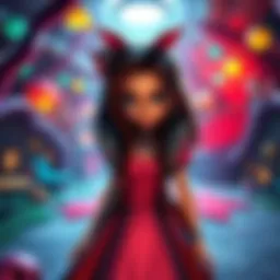 A character reminiscent of Alice from American McGee's Alice, surrounded by a whimsical gaming environment on Roblox.