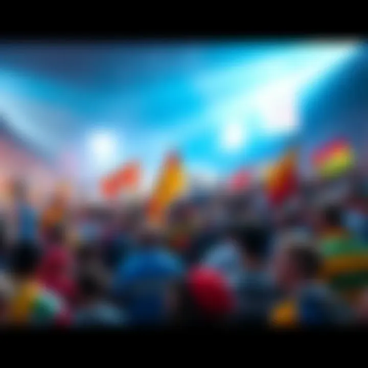 A large crowd of fans gathered, waving banners and wearing colorful outfits in anticipation of an upcoming event.