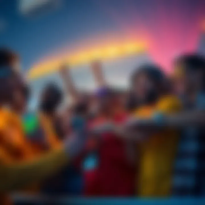 A group of enthusiastic fans sharing excitement about the World Cup while using digital devices and cryptocurrency to engage with teams.