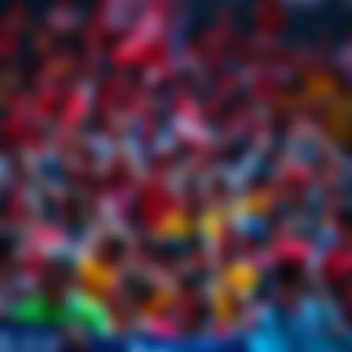A diverse group of excited fans wearing colorful shirts and hats, cheering and holding banners, as they prepare for a highly anticipated event.