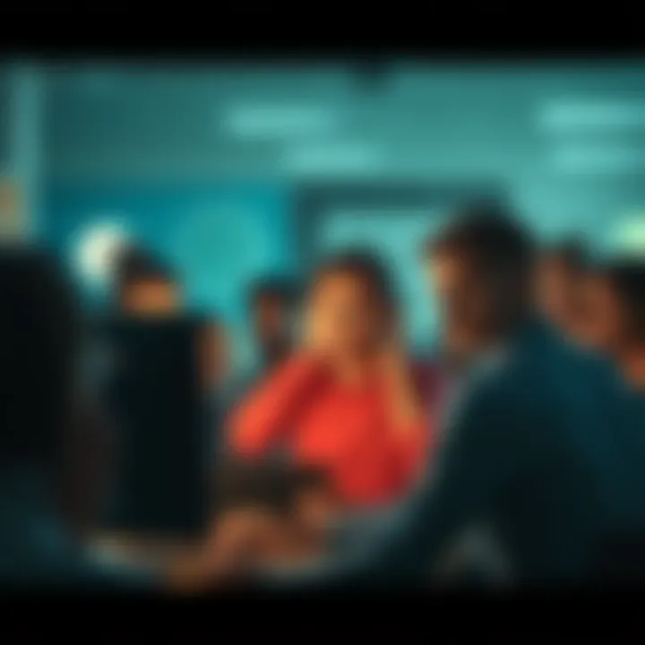 A group of people looking at a computer screen with worried expressions, discussing the future of Farcaster and its leadership changes.