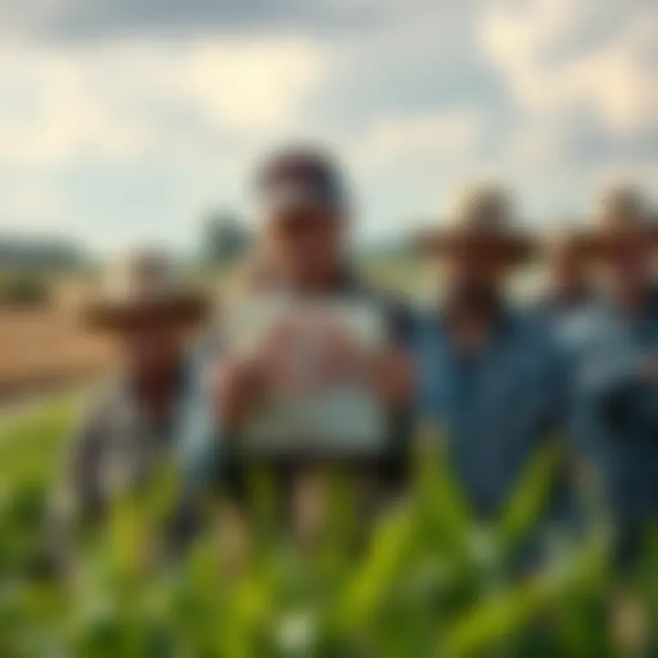 A group of distressed farmers looking worried with their farmland in the background. One farmer holds a eviction notice while others look on with concern.