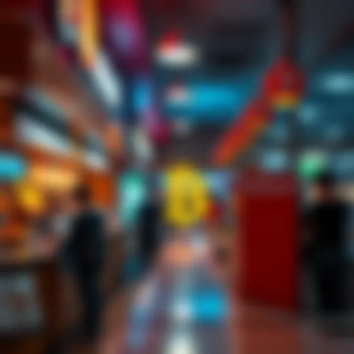 Fast food restaurant accepting Bitcoin payments A busy fast food restaurant with a Bitcoin sign at the counter, showcasing digital currency acceptance