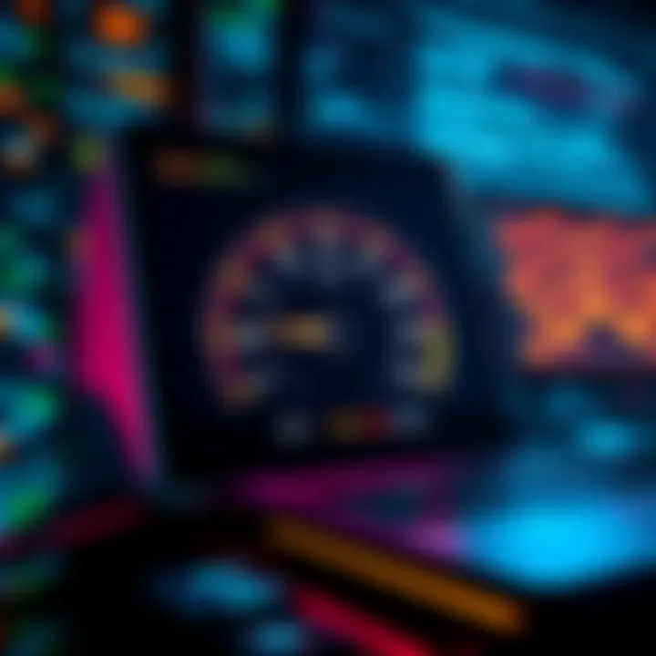 Illustration showing a computer processing data with a speed meter indicating rapid encoding performance for Base58.