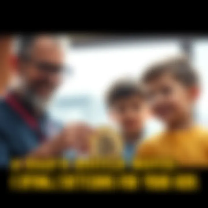 A dad showing a Bitcoin symbol while looking at his two sons with a proud smile, representing his investment for their future.