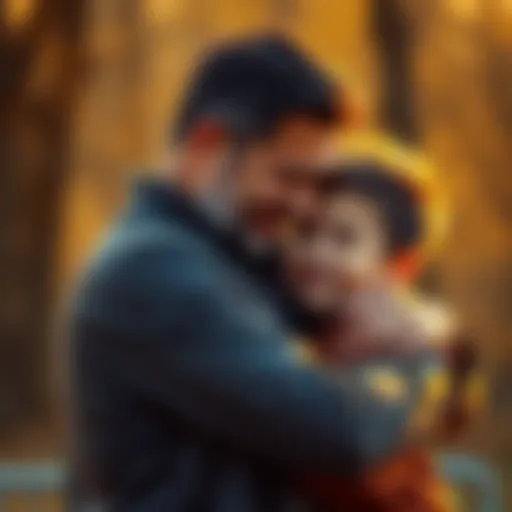 A father embraces his son, showing a deep emotional bond between them, with warm sunlight illuminating their faces.