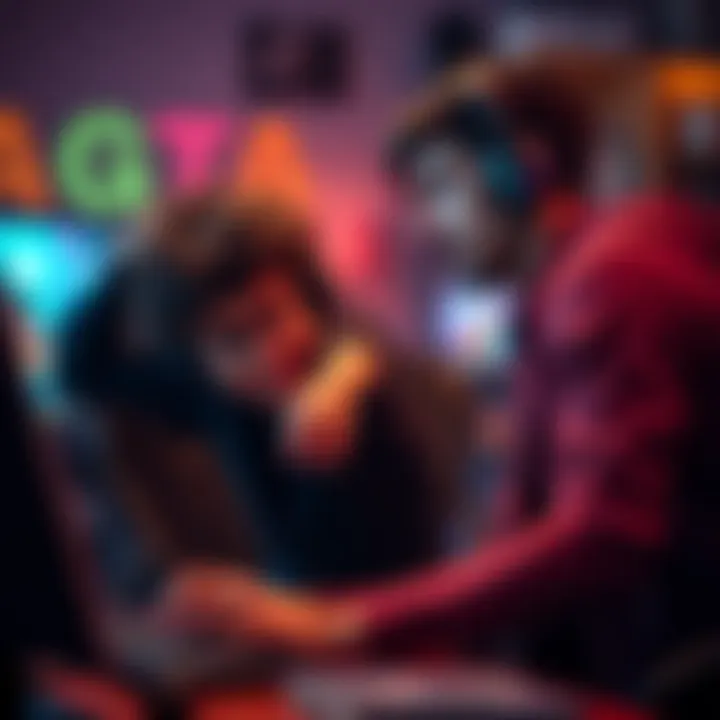 A father leaning over to ask his son if he is winning in a video game, with a gaming setup in the background