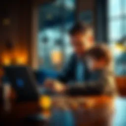 A father sits at a table looking at a laptop, thinking about investing in Bitcoin for his two young sons' future.