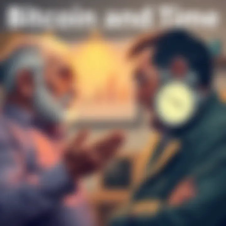 A father explains Bitcoin charts while another father illustrates time management with a clock, symbolizing their differing views on wealth and time priority