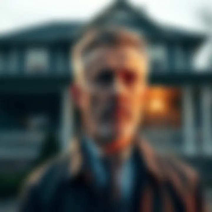A father with a worried expression, standing in front of a house, pondering recent events involving his son.
