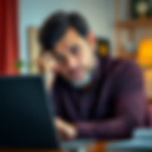 A worried father looks at his laptop, concerned about a large investment lost in an online scam related to a romance