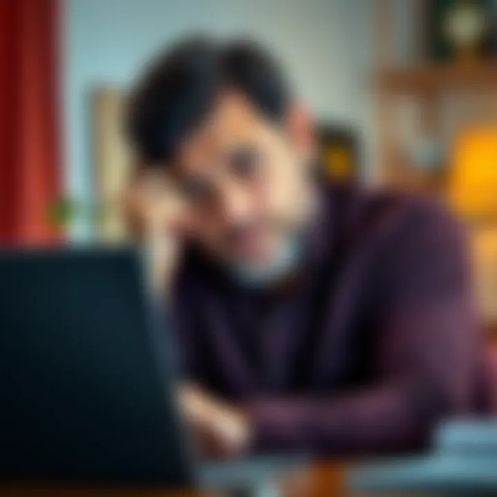 Father worried about investment A worried father looks at his laptop, concerned about a large investment lost in an online scam related to a romance