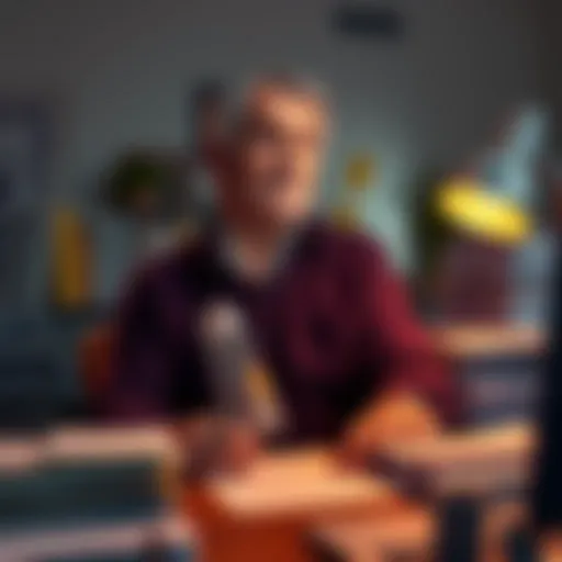 A father looks thoughtful in front of a home office desk stacked with financial documents, contemplating his future after years of hard work.
