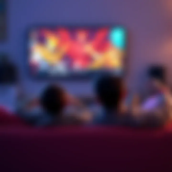 A father and son sitting together on a couch, watching the Japanese series Choujin Sentai Jetman on TV, displaying enthusiasm and curiosity, with colorful character images on the screen.
