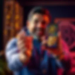 A father joyfully holds a smartphone displaying Pi tokens, excited about his new venture into cryptocurrency.