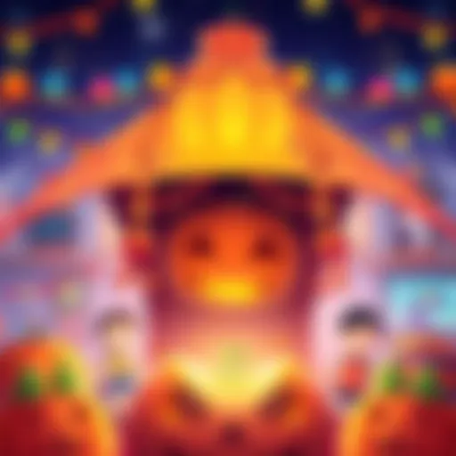 Illustration depicting scenes from the Pumpkin Party episode of Lovely World, with vibrant colors and festive decorations
