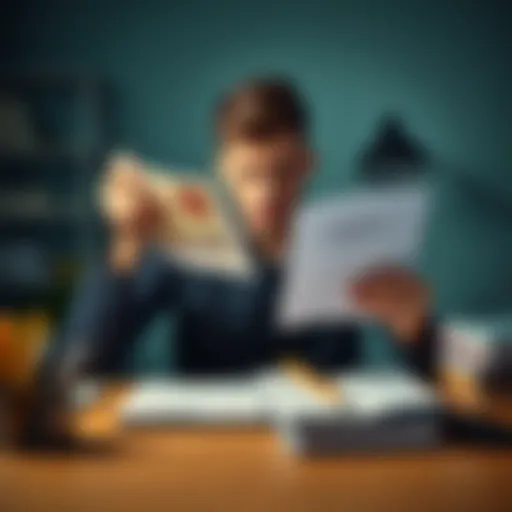 A person sitting at a desk looking stressed while balancing financial documents and a therapy notebook, symbolizing the conflict between financial goals and emotional wellbeing.