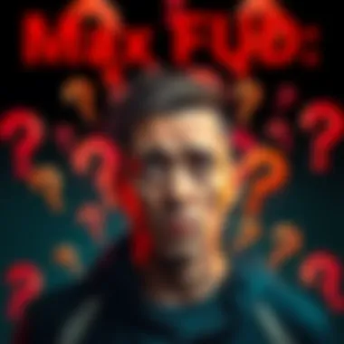 Fear and Misinformation Concept A person looking worried, surrounded by question marks and symbols representing doubt and fear.