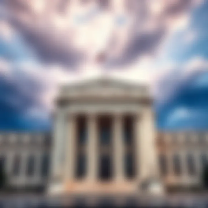 The Federal Reserve building with a cloudy sky symbolizing uncertainty in economic data release, showing concern among traders and market volatility
