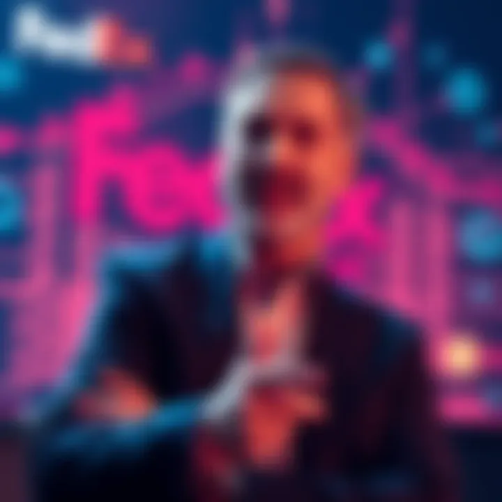 FedEx Blockchain Insights A FedEx strategist discussing blockchain technology for logistics with a digital backdrop of supply chain elements.