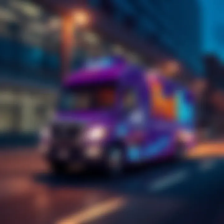 A FedEx delivery truck in motion, with digital technology graphics representing automation and Hedera technology, symbolizing innovation in logistics.