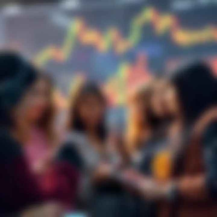 A group of diverse female influencers sharing Bitcoin insights on social media, with charts showing market trends in the background.