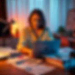 A feminine-looking individual sitting at a desk with a laptop, reviewing options for opening a Revolut account, papers and documents are spread out, showing concern about gender markers.
