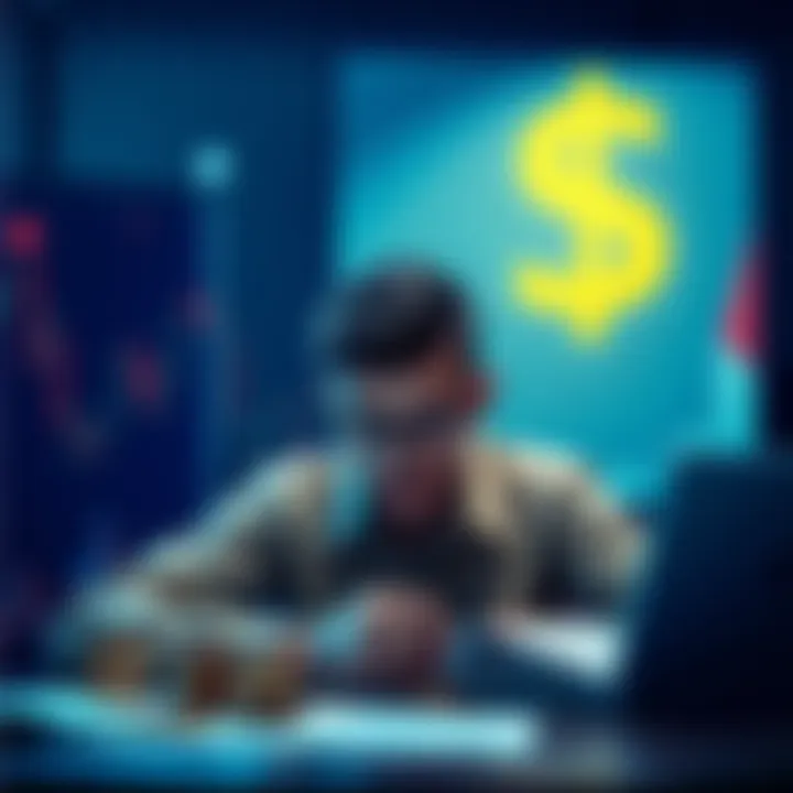 A person studying macroeconomics with currency symbols and graphs around