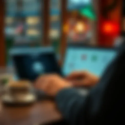 A person reviewing various banking options on a laptop with a coffee cup nearby, set in a cozy environment