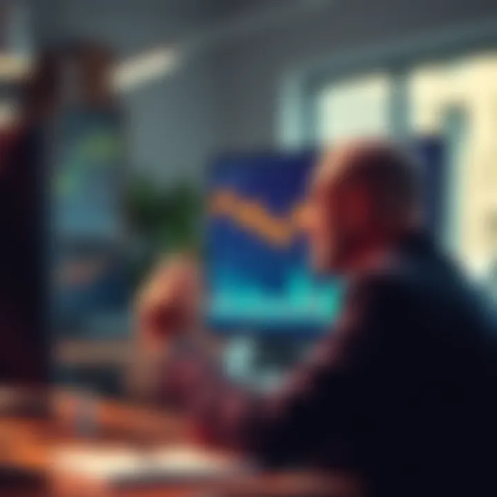 Financial advisor considering Bitcoin investment A thoughtful financial advisor looks at a computer screen displaying Bitcoin prices and charts in an office setting.