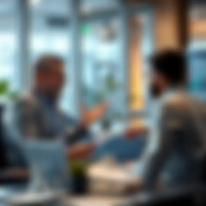 A financial advisor shares insights about current market trends with clients in an office setting, using charts and graphs to illustrate points.