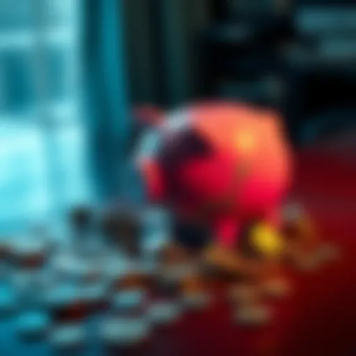 A broken piggy bank with scattered coins on a table, symbolizing lost financial hopes.