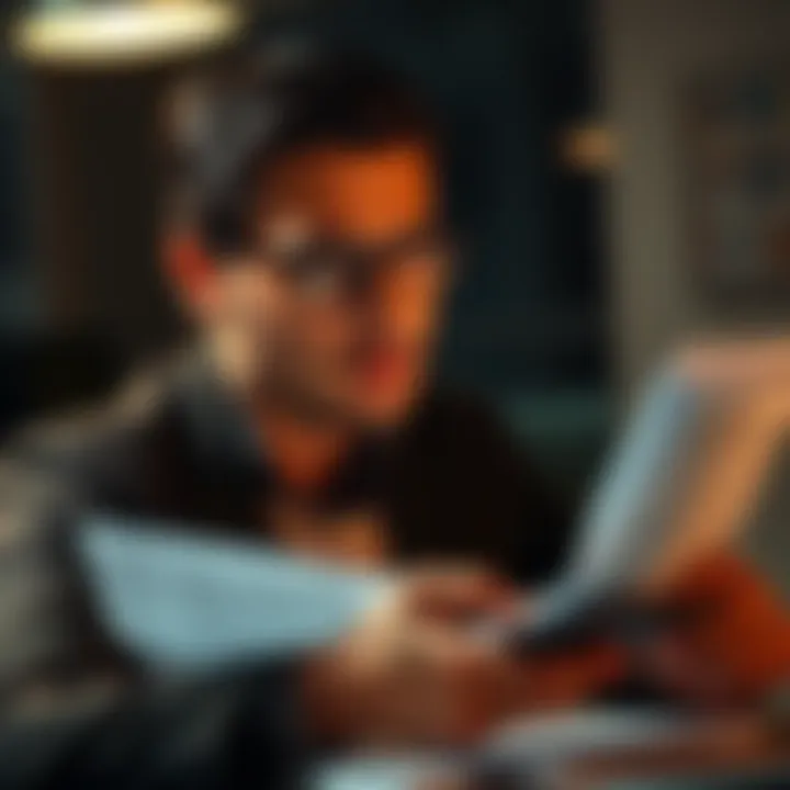 Individual analyzing financial papers with a calculator, looking thoughtful after a liquidation event