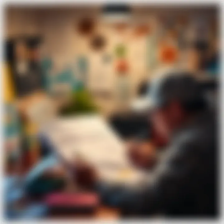 Individual reviewing financial plans and Bitcoin investment strategy while surrounded by creative materials and passion project items