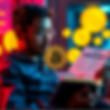 A person reading a financial guide with Bitcoin symbols in the background, emphasizing knowledge in monetary literacy.