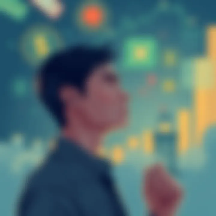 Illustration showing a person contemplating investment choices, with symbols of finance and psychology in the background.