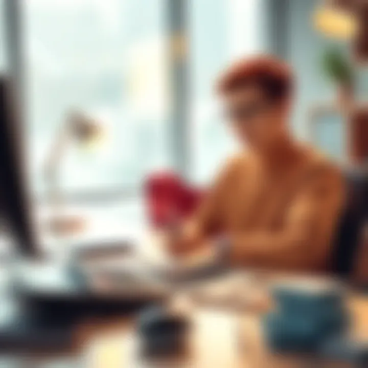 A person sitting at a desk managing finances, with money and a calculator, symbolizing self-banking