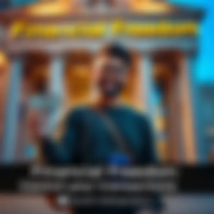 A person holding cash and a credit card, smiling while standing confidently in front of a bank or financial institution, symbolizing control over finances.