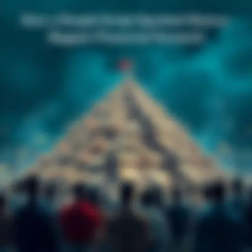 A large pyramid structure made of money, symbolizing a financial scheme, with people gathered around looking worried and confused.
