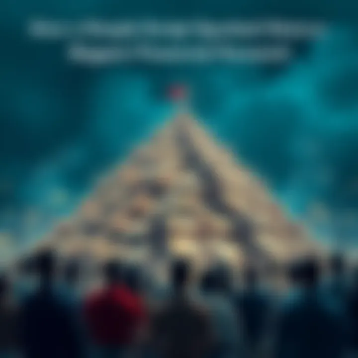 A large pyramid structure made of money, symbolizing a financial scheme, with people gathered around looking worried and confused.