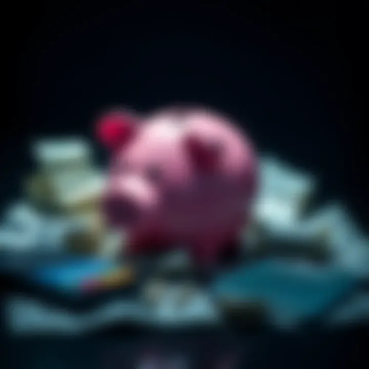 A broken piggy bank surrounded by overdue bills and a calculator, symbolizing financial stress.